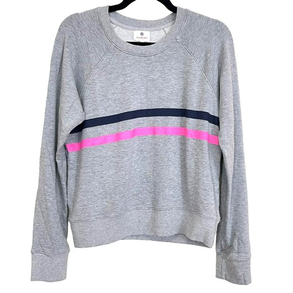 Sundry Gray Sweatshirt with Pink and Navy Stripes - Picture 1 of 5